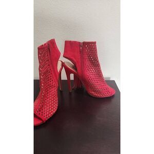 JustFab Tila, Vegan Suede Red  Peep Toe and Heel Side Zip Ankle Bootie, 8.5